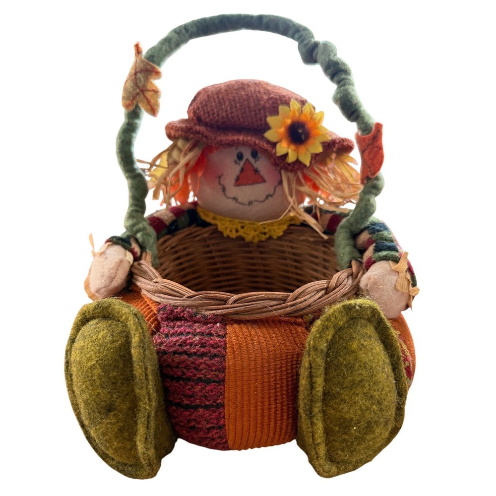 Vintage Fall Scarecrow Pumpkin Patchwork Basket Thanksgiving Harvest Decor 8"